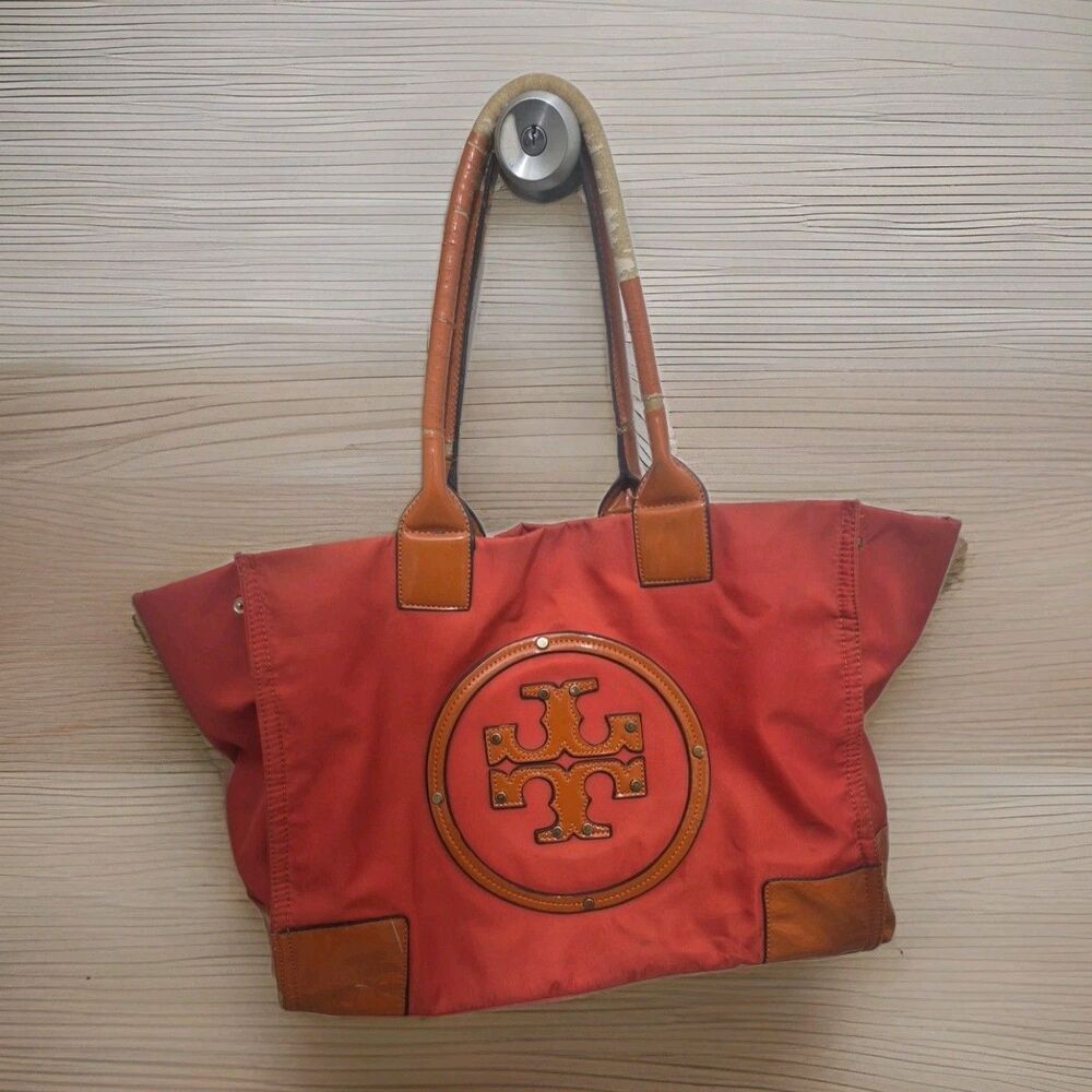 Tory Burch Tote Bag Handbag Nylon/Leather Red Brown
